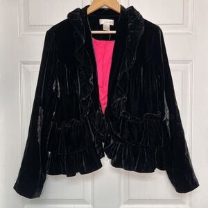 VNT Spiegel Woman 12 Black Velvet Pink Lined Ruffle Collar Jacket Witchy Gothic